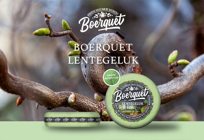 Onze LENTE seizoenskaas!
Geen lente zonder Boerquet LENTEGELUK!
Onze LENTEGELUK is een romige en volkruidige boerderijkaas rijk gevuld met een melange van lente-ui, daslook, lavendel, tomaat en ui.
Bekijk de complete lijn Boerquet Boerderijkazen.
Bestellen? Bel ons op 0172 55 3000.